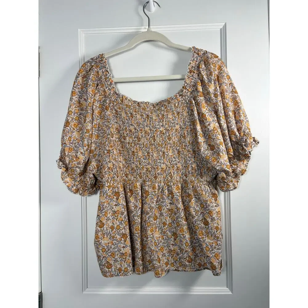 Old Navy Floral Puff Sleeve Peasant Cottagecore Smocked Square Neck Blouse XXL